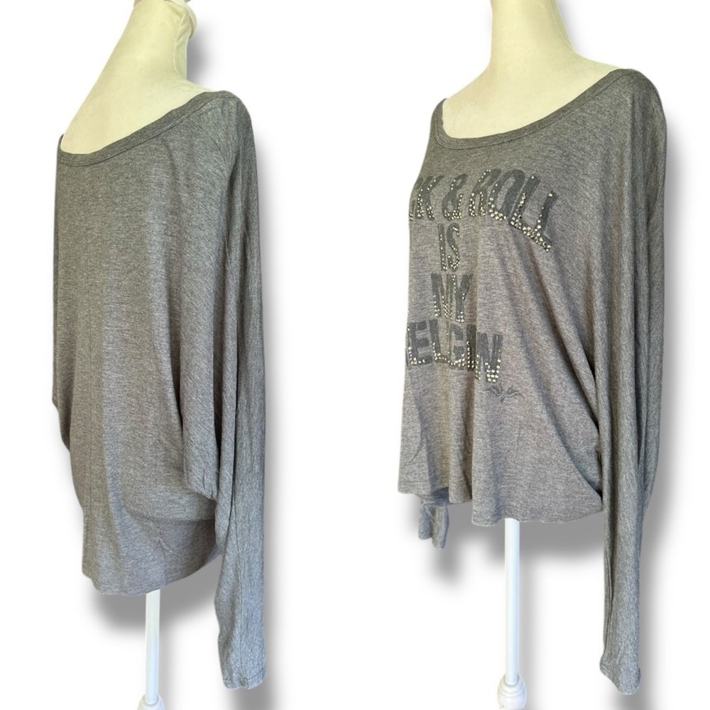 Haute Hippie Gray Rhinestone Rock & Roll is My Religion Surplus Sleeve Tee | M - Picture 5 of 14